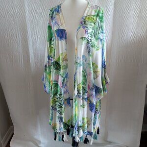 Bettina Liano Tropical Botanical Pattern Kimono Duster Cover Up Small Medium